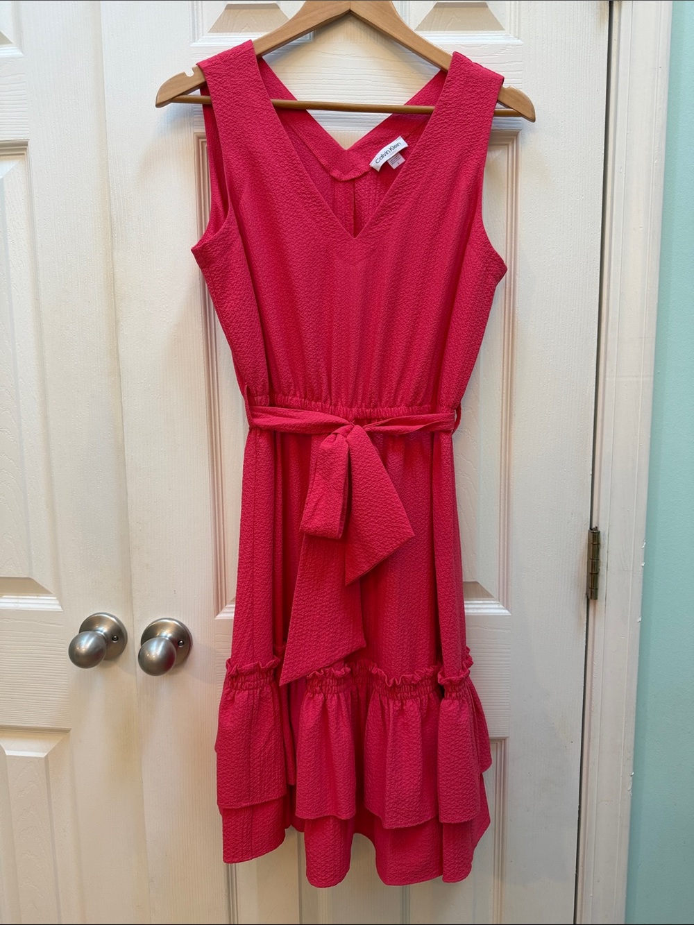 Calvin Klein Sleeveless V-Neck Fuchsia Tie-Waist Ruffle Dress